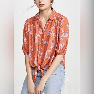 Free People Celia Floral Print Tie Front Blouse Size Small